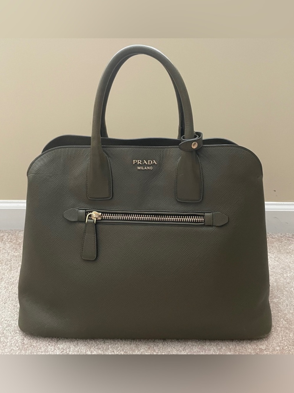 prada saffiano cuir open promenade tote cross body militare with gold hardware